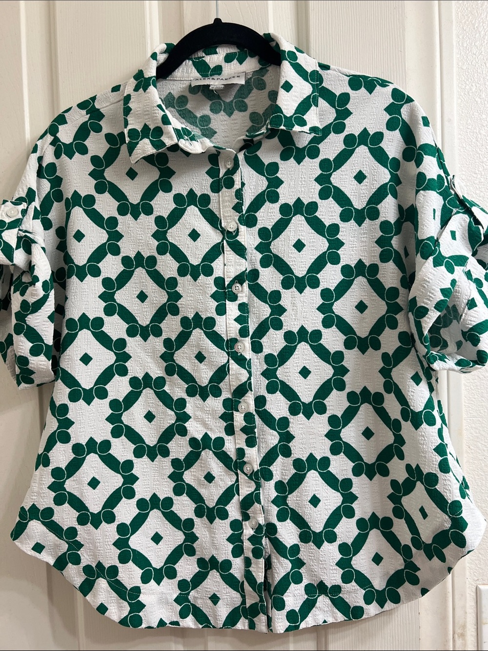 Parker White Button-Down Shirt with Green Geometric Print